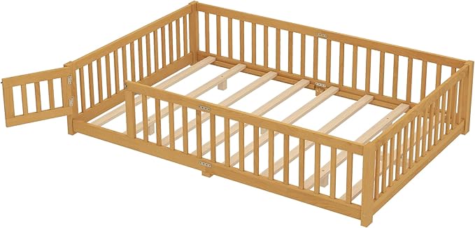 Bellemave Queen Floor Bed with Slats and Door, Queen Size Montessori Floor Bed with Fence and Door, Easy Assemble Montessori Beds Frame for Girls, Boys, Natural