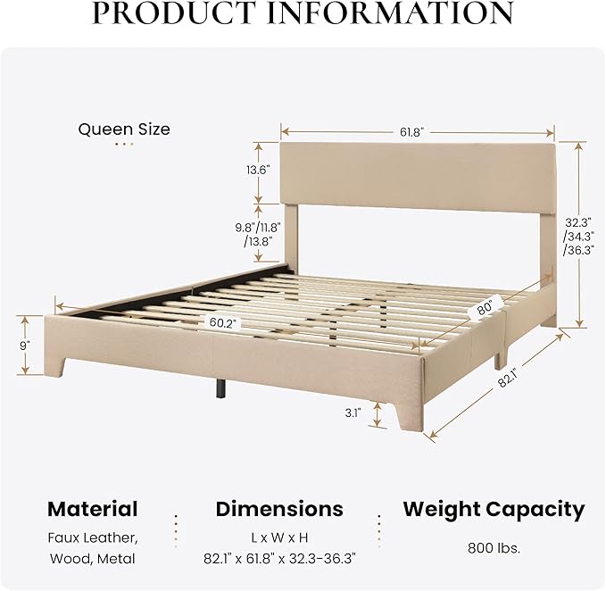 SHA CERLIN Upholstered Queen Size Bed Frame with Adjustable Headboard, Stable Mattress Foundation, Strong Back-Support, No Box Spring Needed, Beige