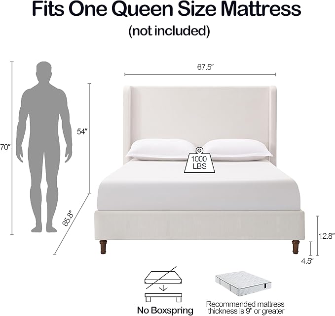 GDFStudio Tall Headboard Upholstered Bed,Queen Size Platform Bed Frame with Headboard Wingback,54" High No Box Spring Needed Easy Assembly Elegant Simplicity Cream White Chenille