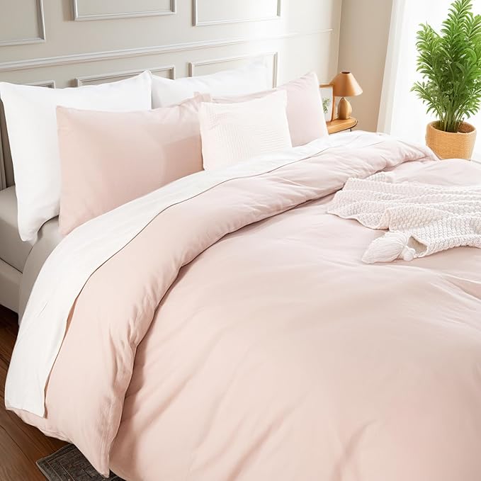 NEXHOME PRO Duvet Cover Set King Size Linen Look Textured Organic Natural 100% Washed Cotton Duvet Cover Greyish Light Pink 3 Pieces Bedding Set with Zipper Closure, Breathable (No Comforter)
