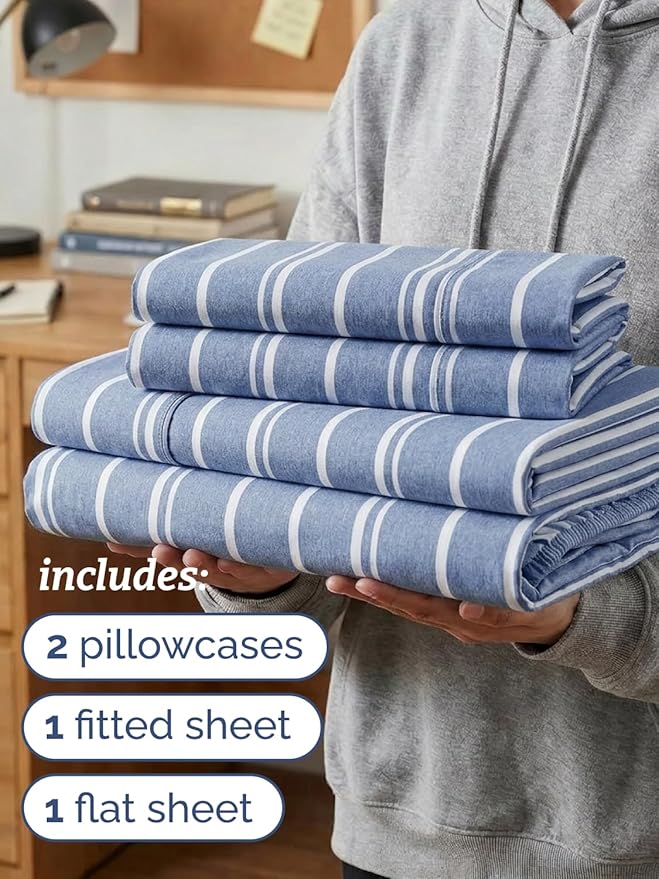 Twin XL 4 Piece Sheet Set - Comfy, Breathable & Cooling - Soft Hotel Luxury Bedding for Women, Men, Kids, Teens & Children - 1 Flat & 1 Fitted Sheet & 2 Pillowcases w/ Deep Pockets - Blue Stripes 3
