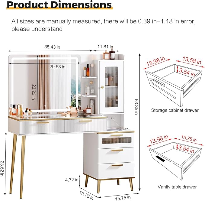 Arulvmrn Vanity Desk with 29.53" HD Lighted Mirror, 47.24" Big Modern Vanity Desk with Mirror and Lights, Makeup Vanity with 5 Drawers and Storage Shelves and Charging Station, White