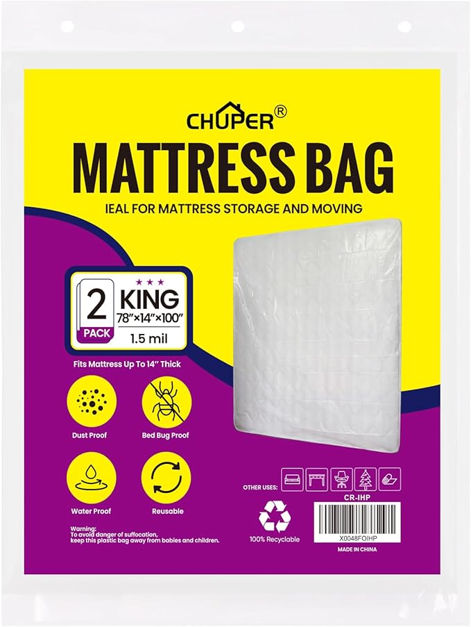 2 PK King/California King Mattress Bag for Moving, Waterproof Plastic Mattress Cover & Mattress Bag for Disposal