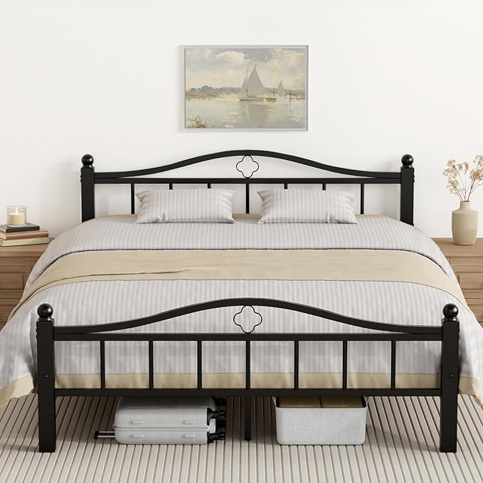 Metal Queen Bed Frames with Headboard, 1500lb No Squeak Metal Platform with Headboard, 12" Underbed Storage, Tool-Free 30-Min Assembly No Box Spring Needed for Dorms/Apartments