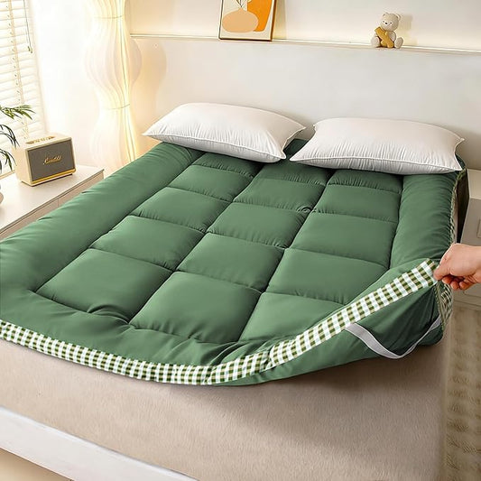 Thick Mattress Topper Twin Size - Non-Slip Mattress Pad Cover for Back Pain Breathable Folding Sleeping Pad Machine Washable Mattress Protector (39x75 inch,Green)