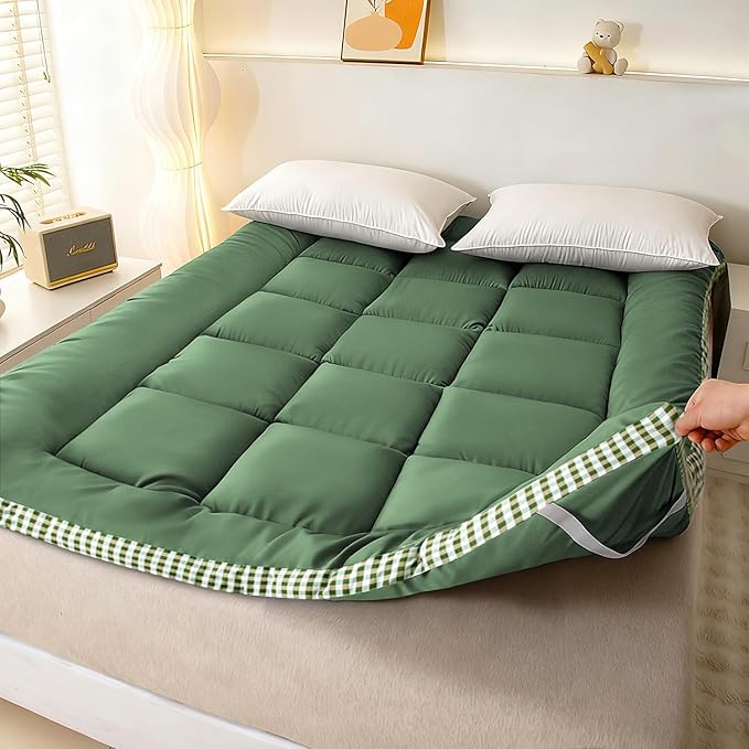 Thick Mattress Topper Full Size - Non-Slip Mattress Pad Cover for Back Pain Breathable Folding Sleeping Pad Machine Washable Mattress Protector (54x75 inch,Green)