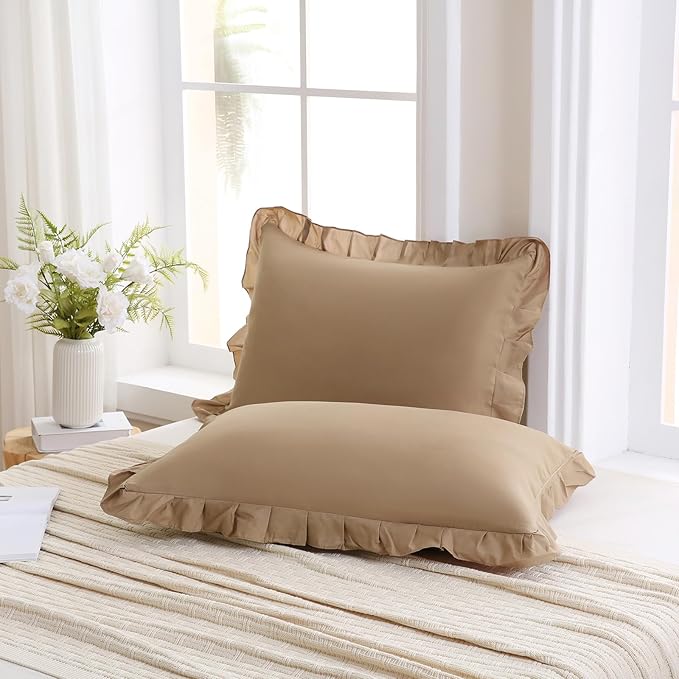 Merryword Taupe Pillow Shams Taupe Ruffle Standard Pillowcases Cute Pillow Cover Set of 2 Shabby Chic Soft Microfiber Pillowcases 2 Pack