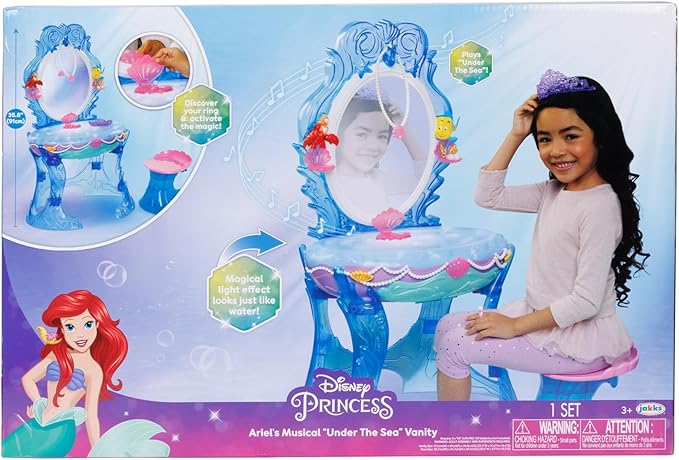 Disney Princess Ariel Vanity for Girls with Lights & Sounds, Plays "Under The Sea" - Magical Light Up Effect Looks Just Like Water! Pretend Play Girls Vanity Set with Mirror and Stool