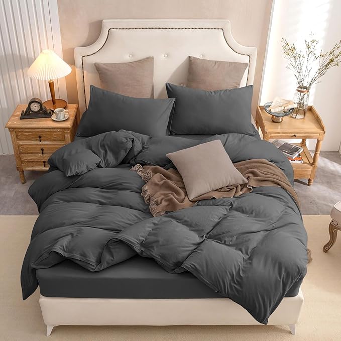 PURE ERA Jersey Knit Duvet Cover Set 100% T-Shirt Cotton Super Soft Comfy 3pc Bedding Set with Zipper Closure (Solid Deep Grey, King, 104'' x 90'')