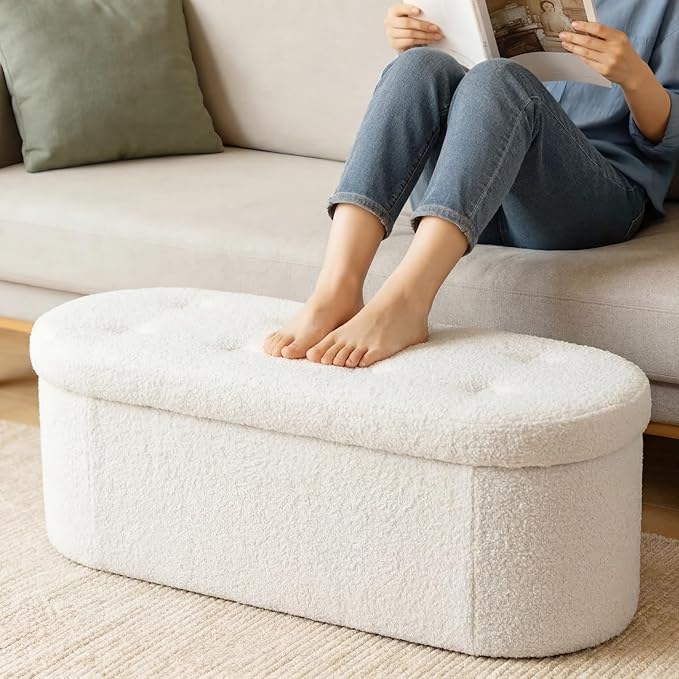 DUMOS Folding Storage Ottoman Bench, Oval Round Ottoman End of Bed Foot Rest Bench Stool with Cushion, Storage Chest for Bedroom, Living Room, Entryway, Dorm, Teddy Fabric, White