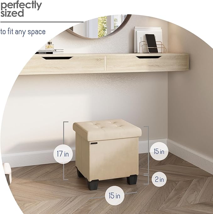 Storage Ottoman Cube with Small Bin, 15-in Square Ottoman with Storage for Living Room and Bedroom, Small Ottomans Foot Rest, Velvet Foot Stools Ottomans Max 330lbs, Beige