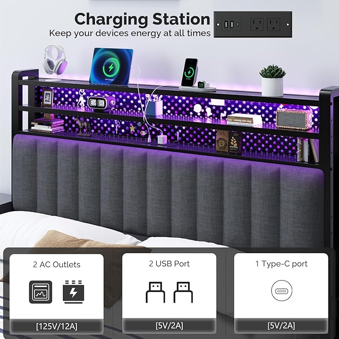 VINGLI Full Size Headboard Only, Adjustable Upholstered Headboard with 3 Tier Shelves and Pegboard with Charging Stations and LED Lights, Modern Bed Headboard with Storage for Bedroom Decor,Dark Gray