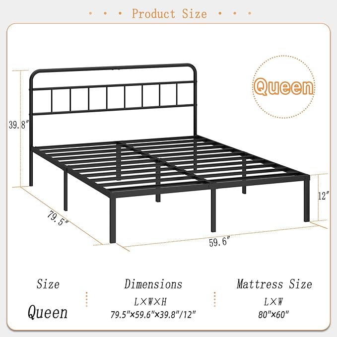 Kujielan 12 inches Queen Size Bed Frame with Minimalist headboard,Metal Platform Base with Strong Metal Slats,Mattress Foundation for Under Bed Storage,Easy Assembly,Black