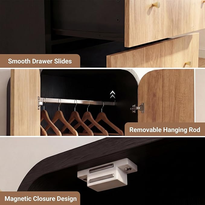 INNOVAR Arched Armoire Wardrobe Closet with 2 Doors,70" Tall Wardrobe Cabinet with 2 Drawers and Hanging Rod,Freestanding Wooden Bedroom Armoires for Bedroom,Gym,Cloak Room,Natural & Black