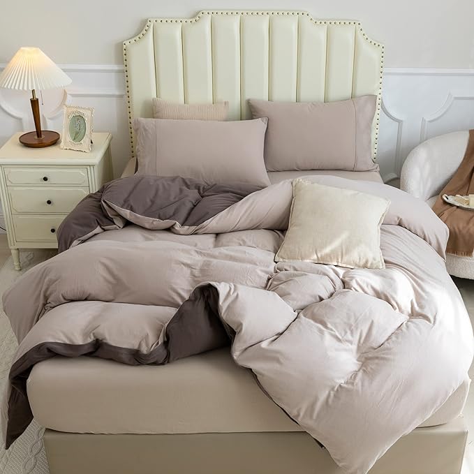 PURE ERA Jersey Knit Duvet Cover Set 100% T-Shirt Cotton Super Soft Comfy 3pc Bedding Set with Zipper Closure (Solid Brown/Dark Beige, King)