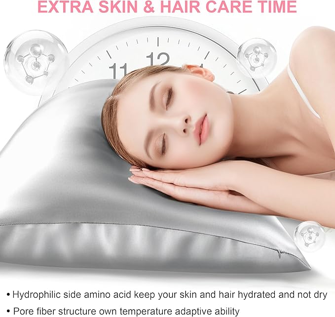 Silk Body Pillow Cover with Zipper, Mulberry Silk Pillow Cases Body Size, Ultra Smooth and Soft Breathable Cooling Silk Satin Body Pillowcase for Hair and Skin, Light Grey (20x54 Inches, 1 Pack)