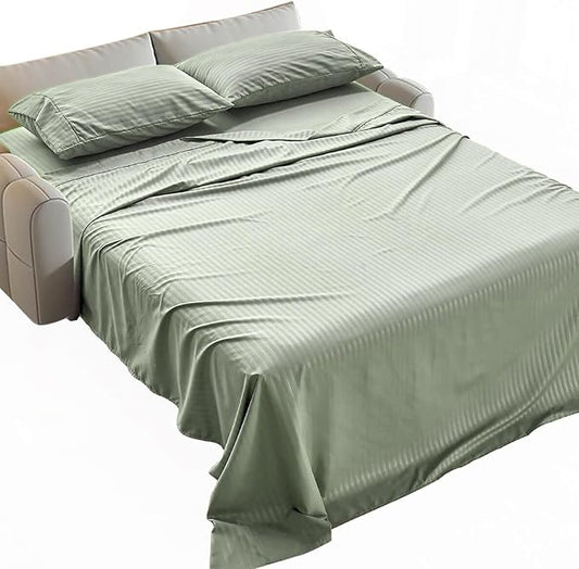 Kingnex Striped Sofa Bed Sheets Queen for Sleeper Sofa Bed Soft Double Brushed 4 Piece Bedding Pillowcase Set (60"x74"x6") Sage