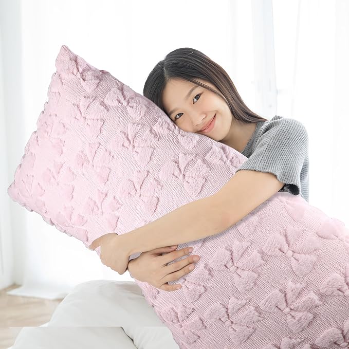 SmoothNovelty Pink Bow Body Pillow Cover 20 x 54 Inches Coquette Long Body Pillowcase with Zipper Closure Coquette Room Decor Cute Faux Fur Soft Aesthetic Pillow Covers for Bed Sofa Couch