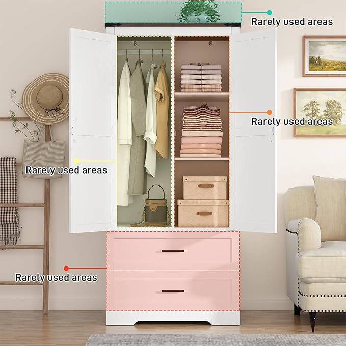 St.Mandyu Farmhouse Wardrobe Armoire Closet with 2 Doors and 2 Drawers, 70.1" Wooden Clothing Storage Cabinet, Freestanding Large Capacity Storage Wardrobe Armoire with Hanging Rod for Bedroom, White