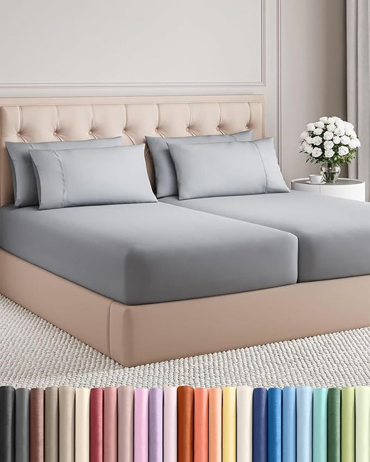 Split King 7 Piece Sheet Set - Comfy, Breathable & Cooling - Soft Hotel Luxury Bedding for Women, Men, Kids, Teens & Children - 1 Flat & 2 Fitted Sheets & 4 Pillowcases w/ Deep Pockets - Steel Blue