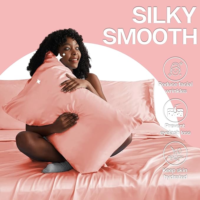 MR&HM Satin Pillowcase for Hair and Skin, Silk Satin Pillowcase 2 Pack, King Size Pillow Cases Set of 2, Silky Pillow Cover with Envelope Closure (20x40, Blush)
