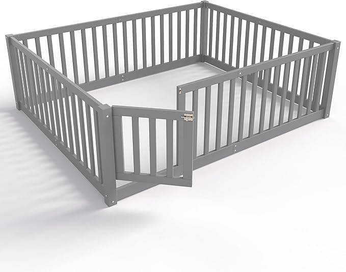Bellemave Full Size Montessori Floor Bed with 23.5" High Rails, Pine,Plywood Floor Bed with Small Door, Grey