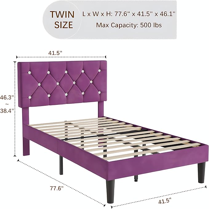 VECELO Twin Size Bed Frame, Upholstered Platform with Adjustable Diamond Tufted Headboard, Wood Slat Support, No Box Spring Needed, Purple