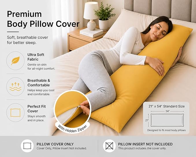 EVOLIVE Body Pillow Cover 21"x54", Ultra Soft Microfiber Pillowcase with Hidden Zipper, Breathable, Machine Washable, for Side Sleepers, Cover Only (21"x54" Body Pillow Cover, Spicy Mustard)