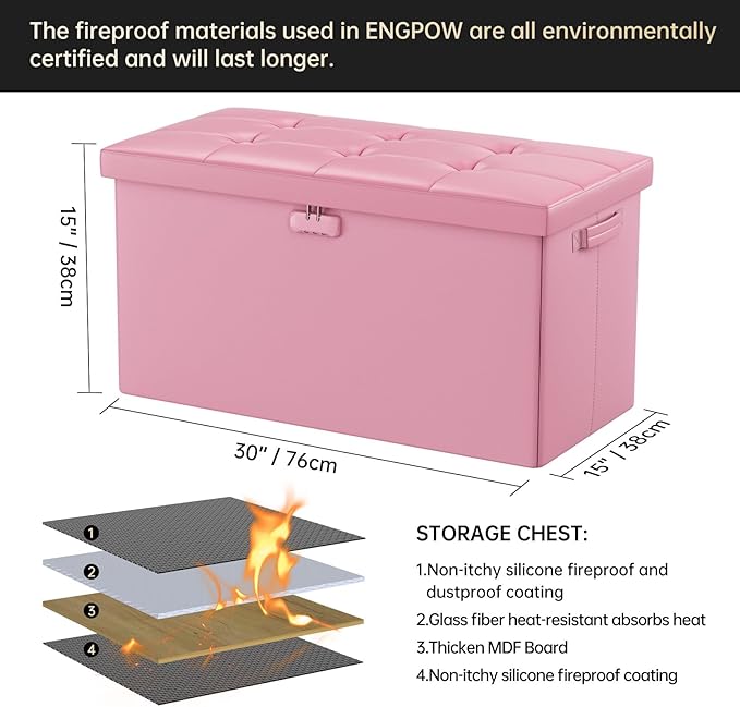 ENGPOW Storage Ottoman Bench,Fireproof Folding Bench with Lock,30 Inches Fire＆Water Resistant Storage Chest Foot Rest Stool Leather Bedroom Ottoman Safe for Documents,Valuables, Pink