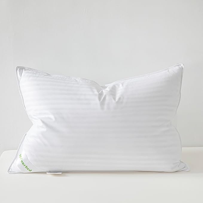 Goose Down Feather Pillows Stripe White Bed Pillow for Sleeping,100% Cotton Fabric Good for Side and Back Stomach Sleeper Queen Size 1 Pack