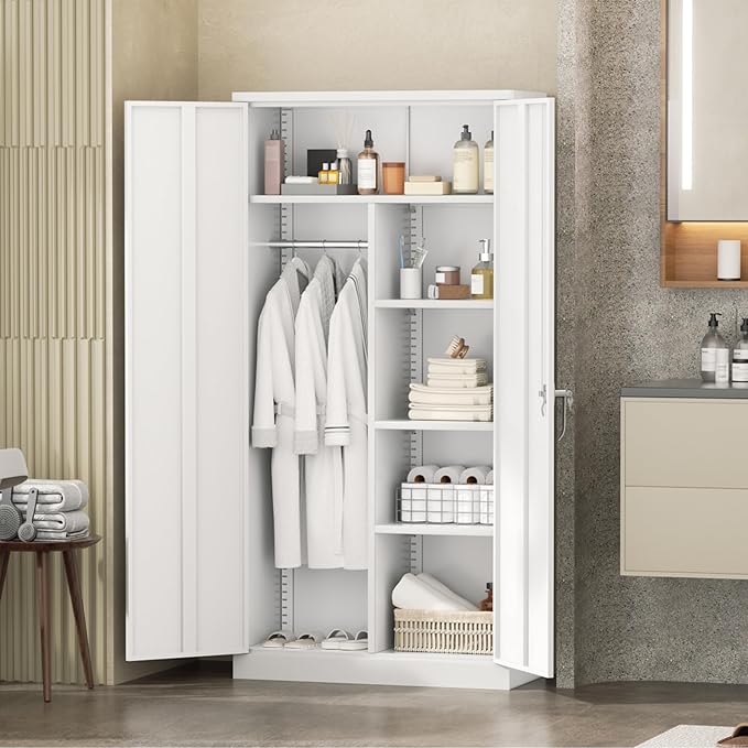 INTERGREAT Wardrobe Cabinets with Locking Doors and Shelves, Clothing Locker 72“ X 32“ X 16“ Storage Cabinets for Home Room, School, Employee,Gym (White)