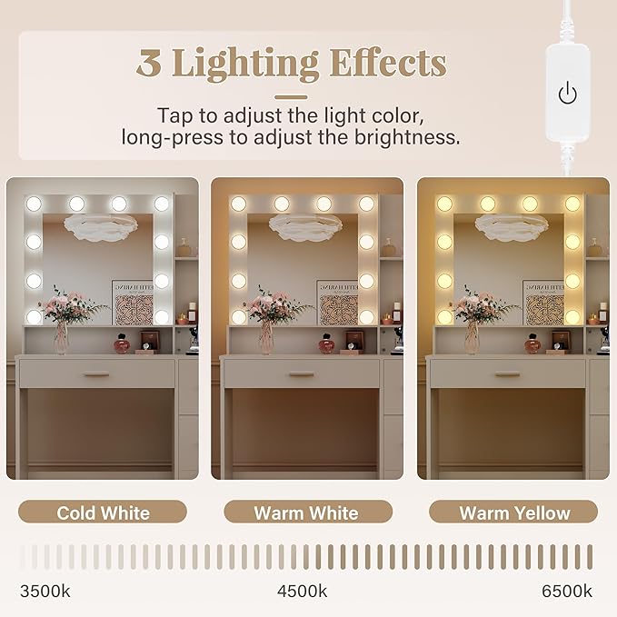 JUMMICO 39" Vanity Desk with Mirror & Power Outlet, 10 Lights, Makeup Vanity Table with 4 Large Drawers and 3 Storage Shelves, 3 Model Adjustable Lights for Bedroom & Dressing Room (White)