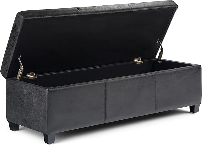 SIMPLIHOME Avalon Storage Ottoman Bench - 48" Wide x 16" High Upholstered Vegan Leather Rectangular Lift-Top Ottoman in Distressed Black, Contemporary Bench for Living Room with High-Density Foam