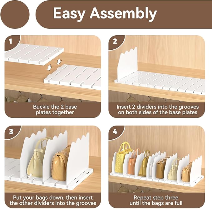SOYO Adjustable Clear Purse Organizers for Closet, Acrylic Shelf Divider for Bag and Purse Storage, Clear Pocketbook and Handbag Organizer, Bookshelf Separator Organizers for House, Office Use, White