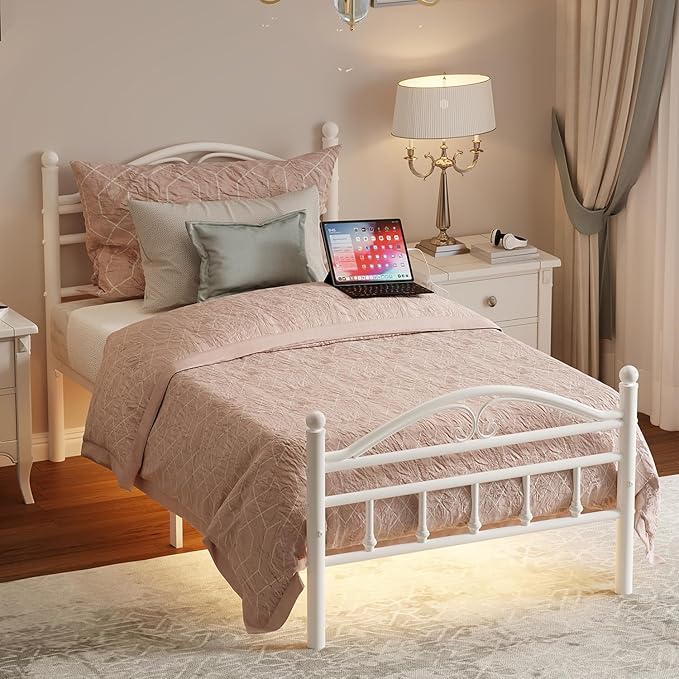 12 Inch Twin Size Bed Frames with Charging Station,White Metal Platform Bed Frame with LED Lights,Heavy Duty Metal Steel Slats Support,No Box Spring Needed,Noise Free,Easy to Assemble