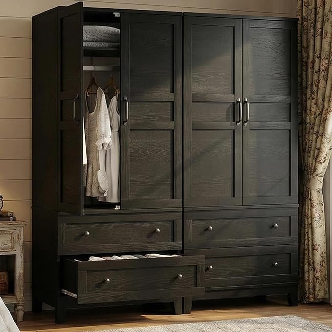 IDEALHOUSE Armoire Wardrobe Closet with 2 Drawers, 72" Tall Wooden Clothing Wardrobe with Hanging Rod & DIY Adjustable Shelf, Heavy Duty Bedroom Armoire Storage Cabinet with Doors, Rustic Black