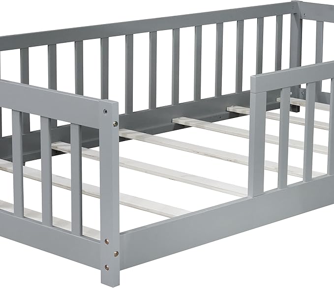 Bellemave Twin Floor Bed with Slats and Guardrails, Wood Montessori Floor Beds with Fence, Easy Assemble Floor Bed for Kids, Girls, Boys, Gary