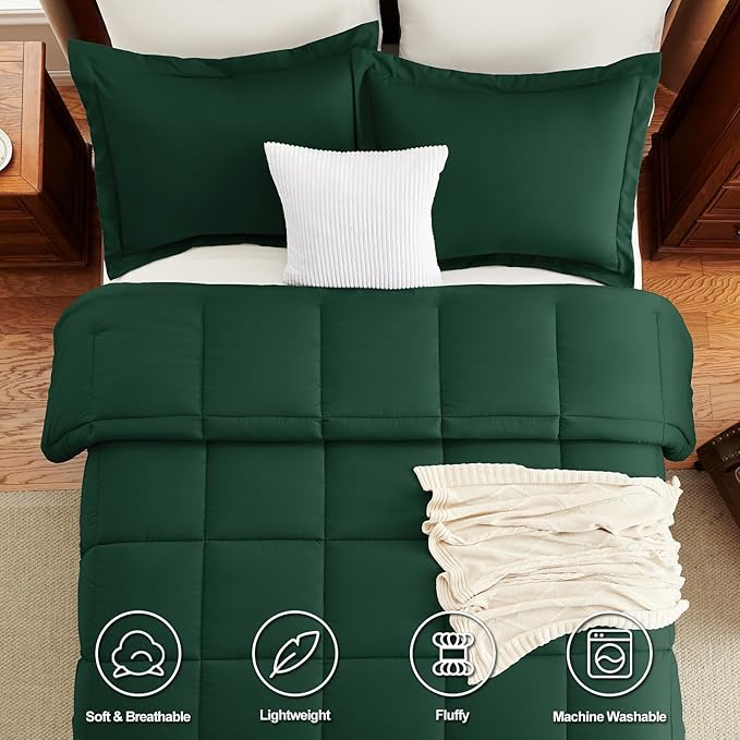 CozyLux Queen Comforter Set - 270GSM Emerald Green Bedding Sets for All Seasons, 3 Pieces Box Stitched Bed Set with 1 Down Alternative Comforter and 2 Pillow Shams, Soft, Lightweight, Breathable