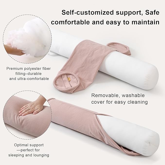 Corduroy Body Pillow,Large Round Bolster Roll Pillow for Side Sleepers, Tube-Style Hugging Body Pillow for Bed & Sofa, Removable Washable Cover,39 x 7.87 Inches,Pink