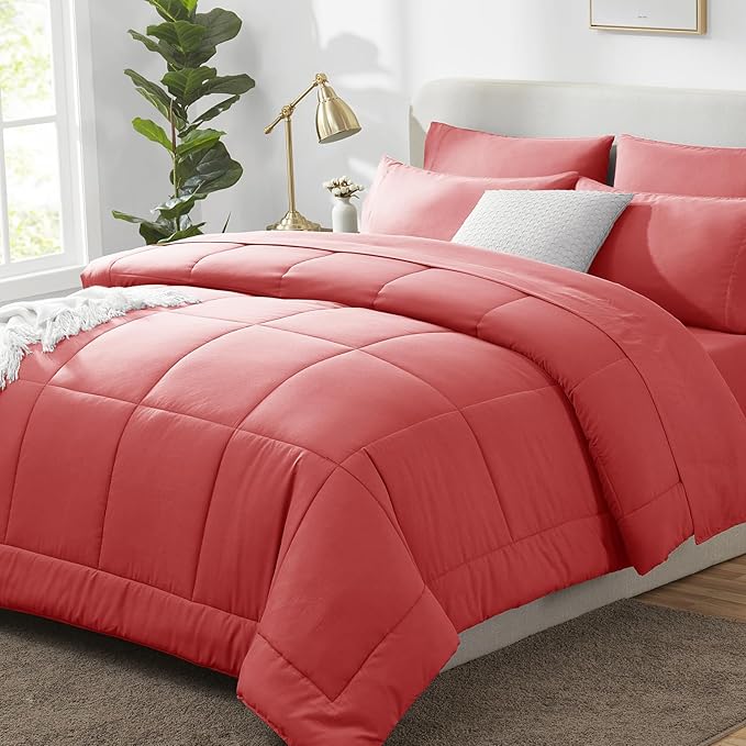 CozyLux Full Size Comforter Sets Coral, 7 Pieces Bed in a Bag, Coral Comforter Full Size, All Season Bedding Sets with Stitch Quilted Comforter, Flat Sheet, Fitted Sheet, Pillowcases