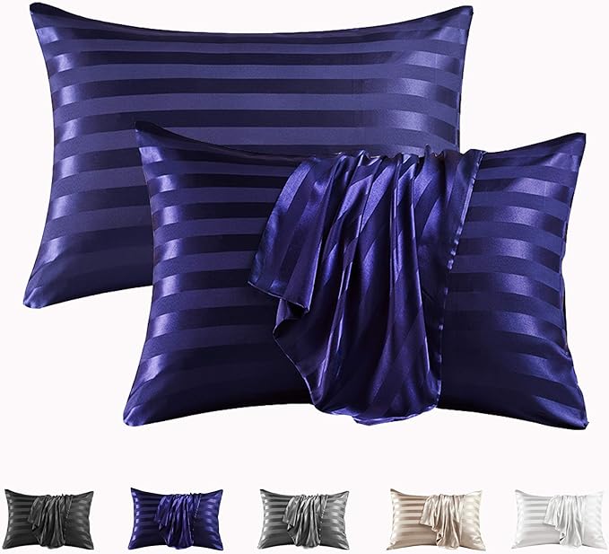 MR&HM Satin Pillowcase for Hair and Skin, Silk Satin Pillowcase 2 Pack, Queen Size Pillow Cases Set of 2, Silky Pillow Cover with Envelope Closure (20x30, Navy Blue Striped)