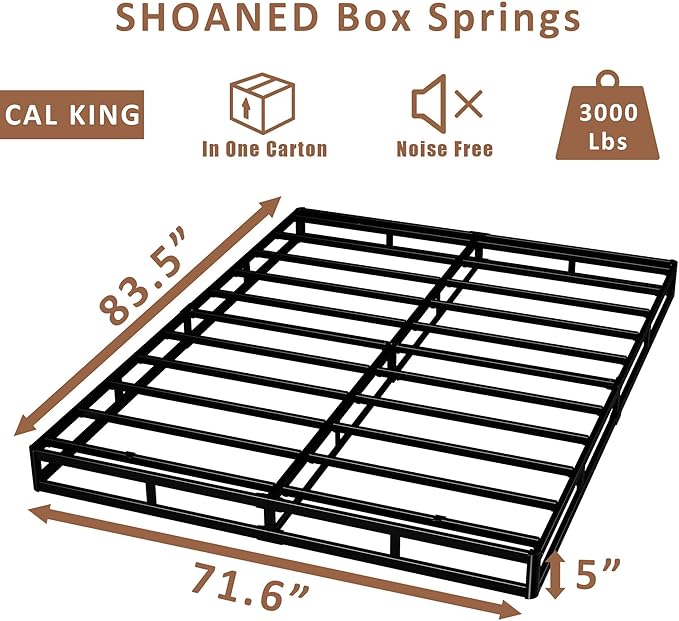 SHOANED Cal King Metal Box Springs - 5 Inch Low Profile Heavy Duty Black Basics Bed Base Non Slip Box Spring Mattress Foundation, Easy Assembly, No Noise