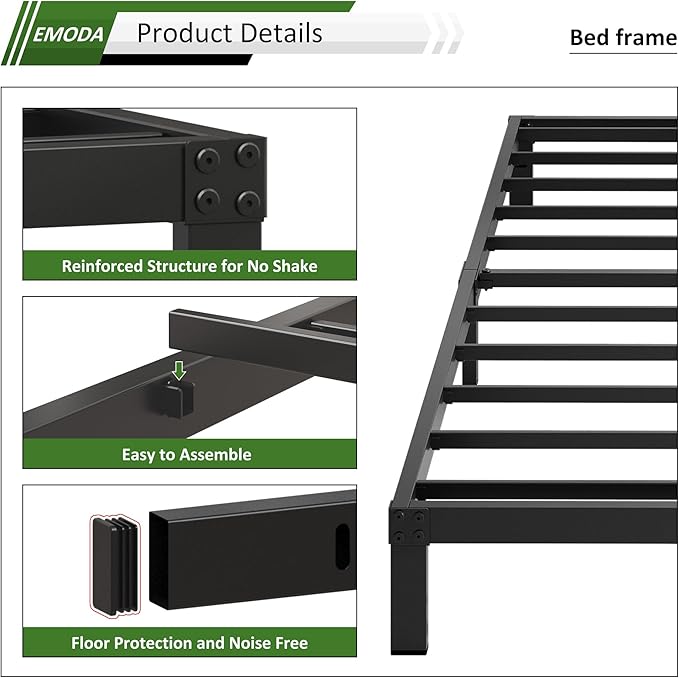 EMODA Queen Bed Frame No Box Spring Needed 6 Inch Heavy Duty Metal Platform BedFrame Queen Size with Steel Slats, Easy Assembly, Black