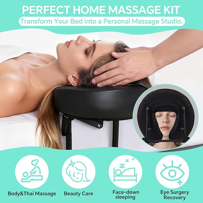 Portable Massage Headrest for Bed, Adjustable Face Cradle & Face Down Pillow with Memory Foam & PU Leather, Foldable Home Massage Kit for Mattress Top, Fits 5.5-17.7" Mattress