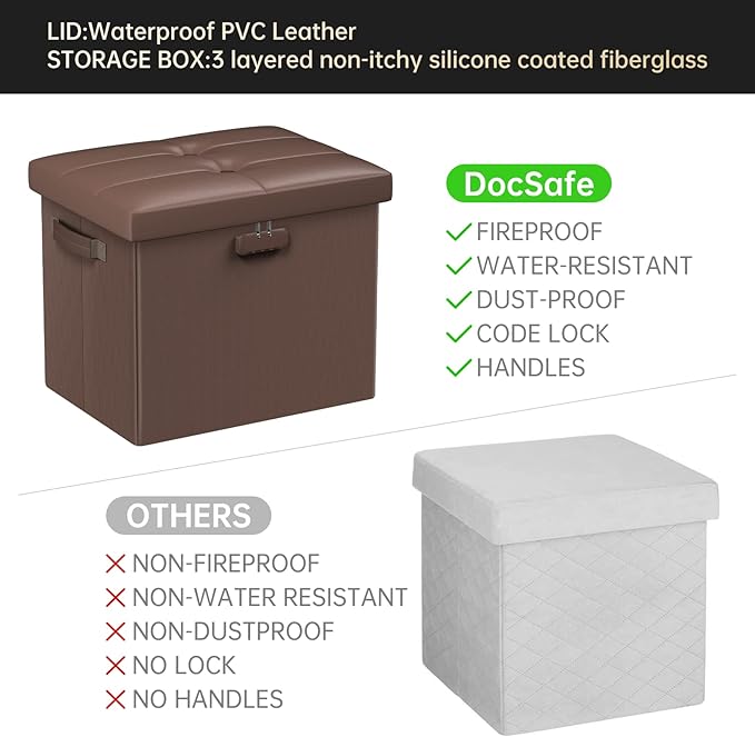 DocSafe Storage Ottoman Foot Rest Stool with Lock ＆ Handle, Fireproof Folding Leather Footstool Bench with Storage Safe for Living Room Bedroom, Home Office, Dorm, 17x13x13in, Brown