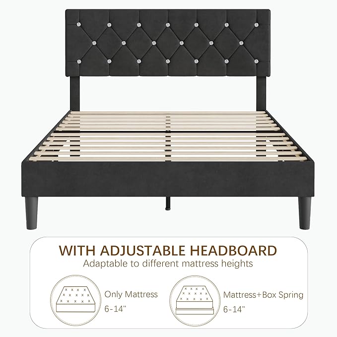 VECELO Queen Size Bed Frame, Upholstered Platform with Adjustable Diamond Tufted Headboard, Wood Slat Support, No Box Spring Needed, Velvet & Black