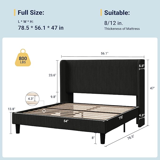 Allewie Full Size Bed Frame with Upholstered Wingback Headboard, Vertical Channel Tufted Corduroy Velvet Platform Bed, Strong Wooden Slats Support, No Box Spring Needed, Easy Assembly, Sturdy, Black