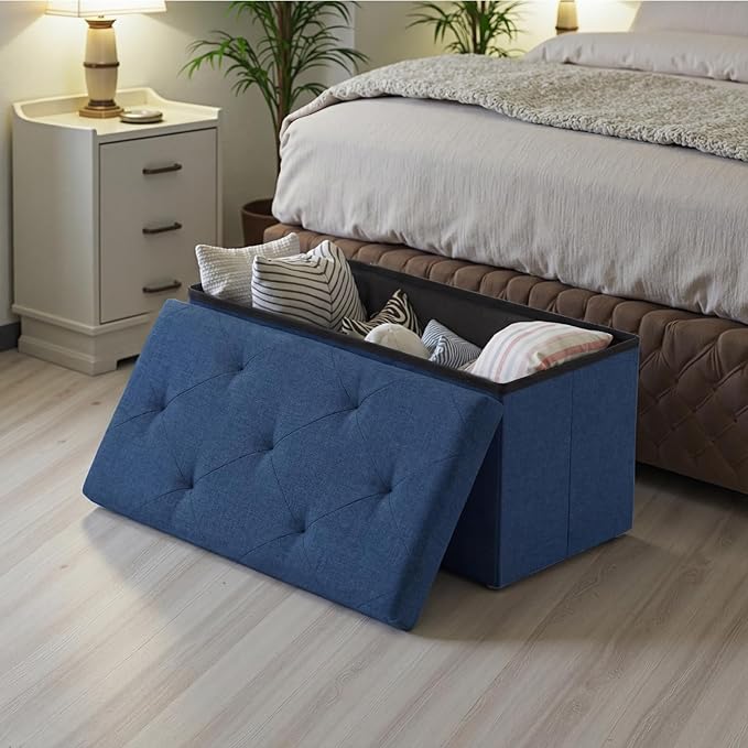 DUMOS 30in Storage Ottoman Bench, Ottoman Bench Foot Rest Stool with Padded Seat, Large End of Bed Bench for Bedroom, Living Room, Entryway, Support 660lbs, Blue