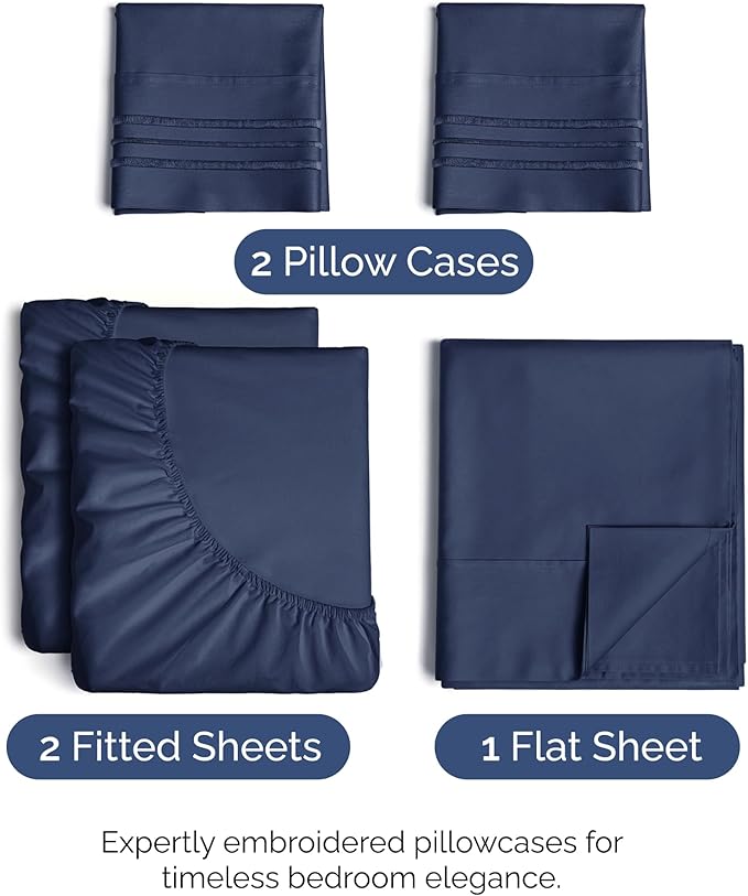 Split King Size 5 Piece Sheet Set - Comfy Breathable & Cooling Sheets - Hotel Luxury Bed Sheets for Women & Men - Deep Pockets, Easy-Fit, Soft & Wrinkle Free Sheets - Navy Blue Oeko-Tex Bed Sheet Set