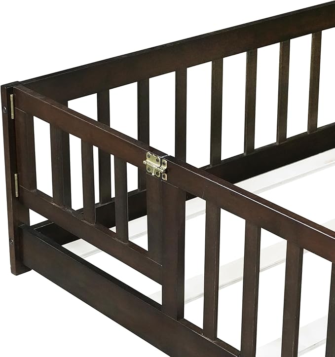 Bellemave Full Size Montessori Floor Bed Frame with Rails & Door, Solid Wood Kids Floor Bed Full with Removable Slats, Low Profile Montessori Bed for Children’s Sleep & Play, Espresso